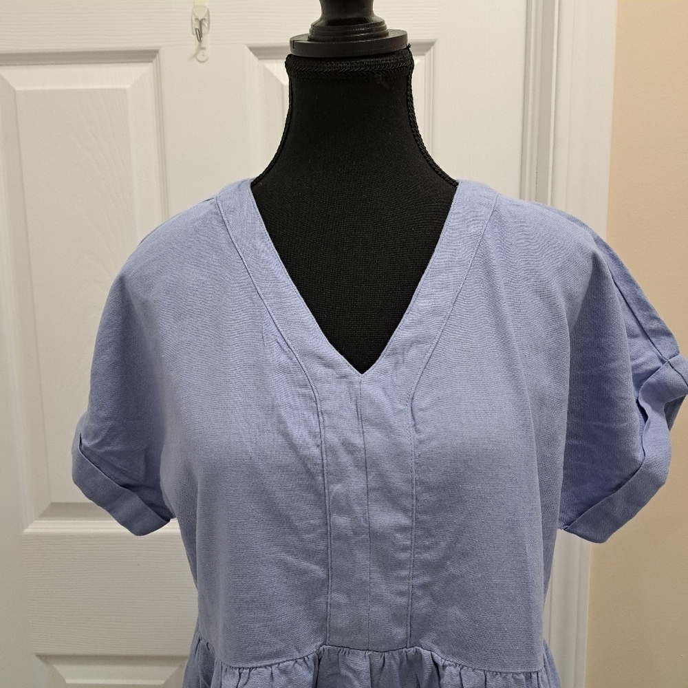 NWOT Briggs New York Blue Linen Dress Small V-neck Short Sleeved - Picture 11 of 13